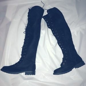thigh high black lace up boots